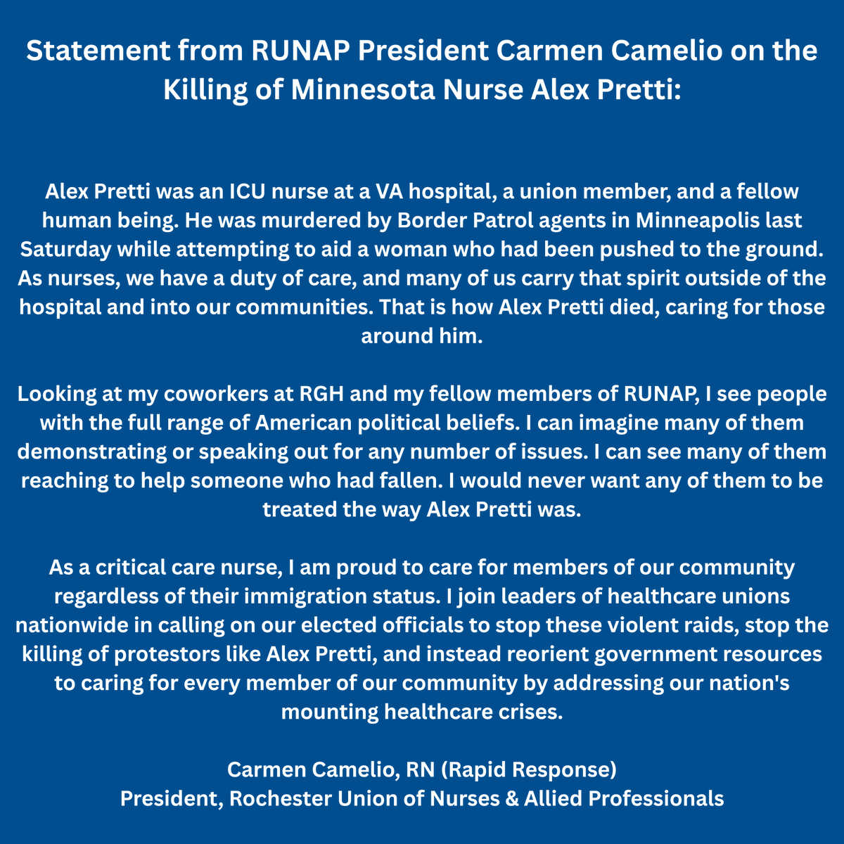 Statement from RUNAP President Carmen Camelio on the Killing of Minnesota Nurse Alex Pretti.