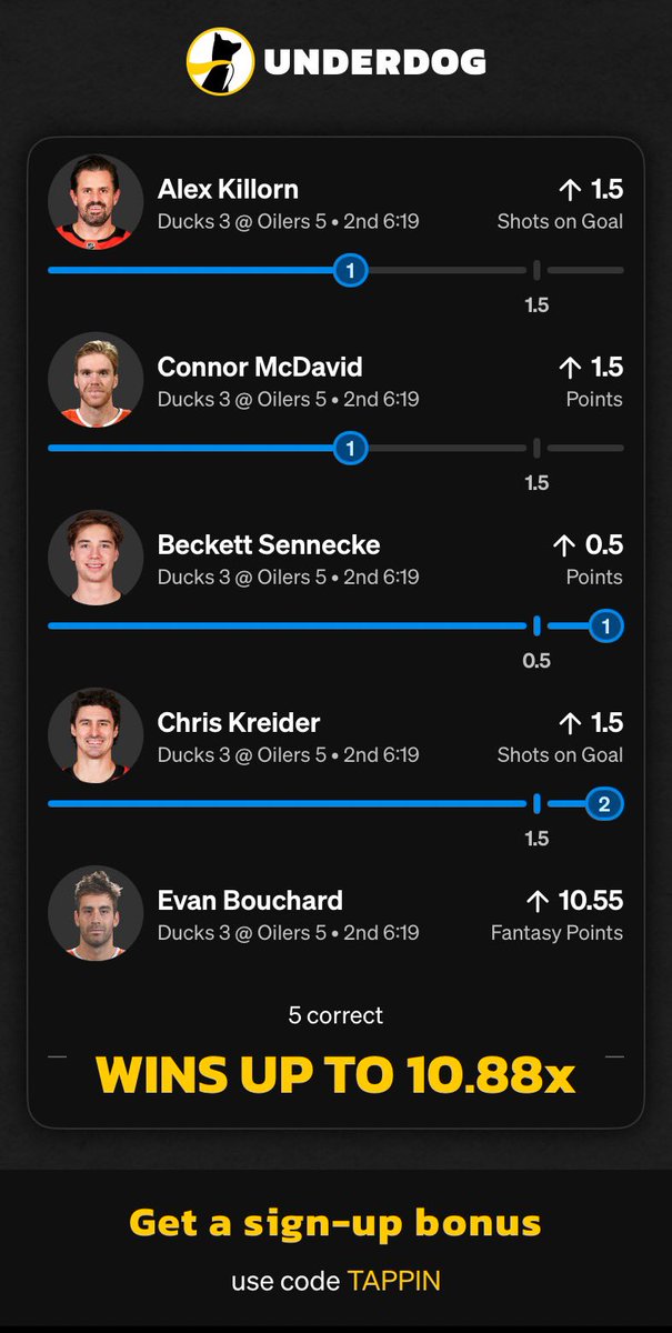 Ok…ok… 10.8x NHL Lineup is alive..

McDavid assist for a Bouchard Goal would be amazing.

Bouchard has 2.5 FP currently

TAPP In &amp; Win