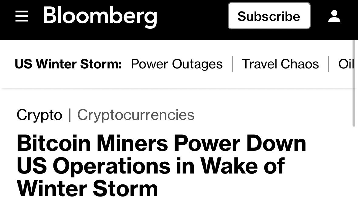 Bitcoin mining hashrate decreased -30% this week as a cold winter storm  covered much of the United States. Mining companies shut down voluntarily  through demand-response programs, temporarily powering off machines to  reduce