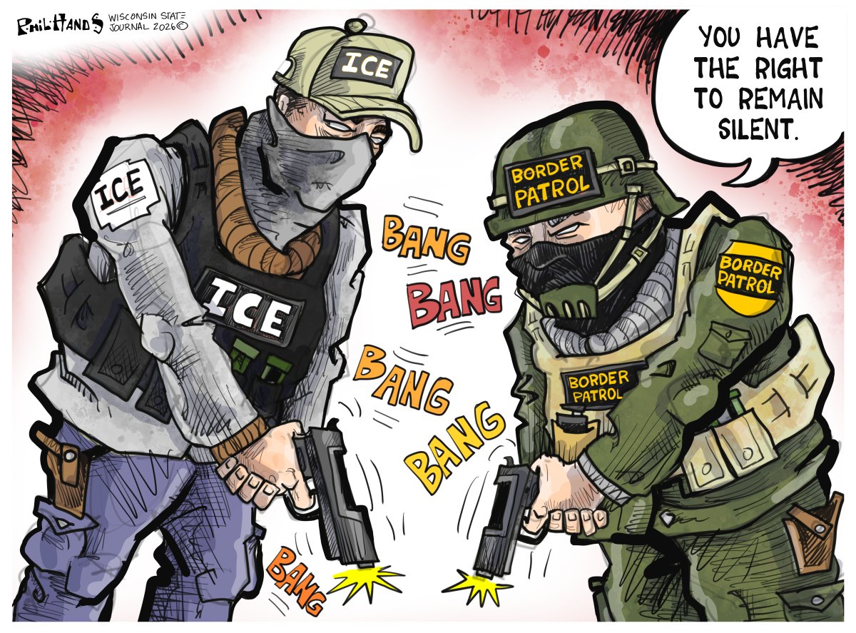 PhilHands's tweet image. Federal agents gun down another protester in Minnesota in my latest cartoon for the @WiStateJournal. #AlexPretti 
madison.com/opinion/cartoo…