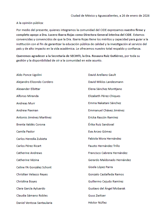 AsambleaCide's tweet photo. A la opinión pública:
Por medio del presente, quienes integramos la comunidad del CIDE expresamos nuestro firme y completo apoyo a Dra. Lucero Ibarra Rojas @LuceroIbRo  como Directora General interina del CIDE. https://t.co/ZYxcCkut9R