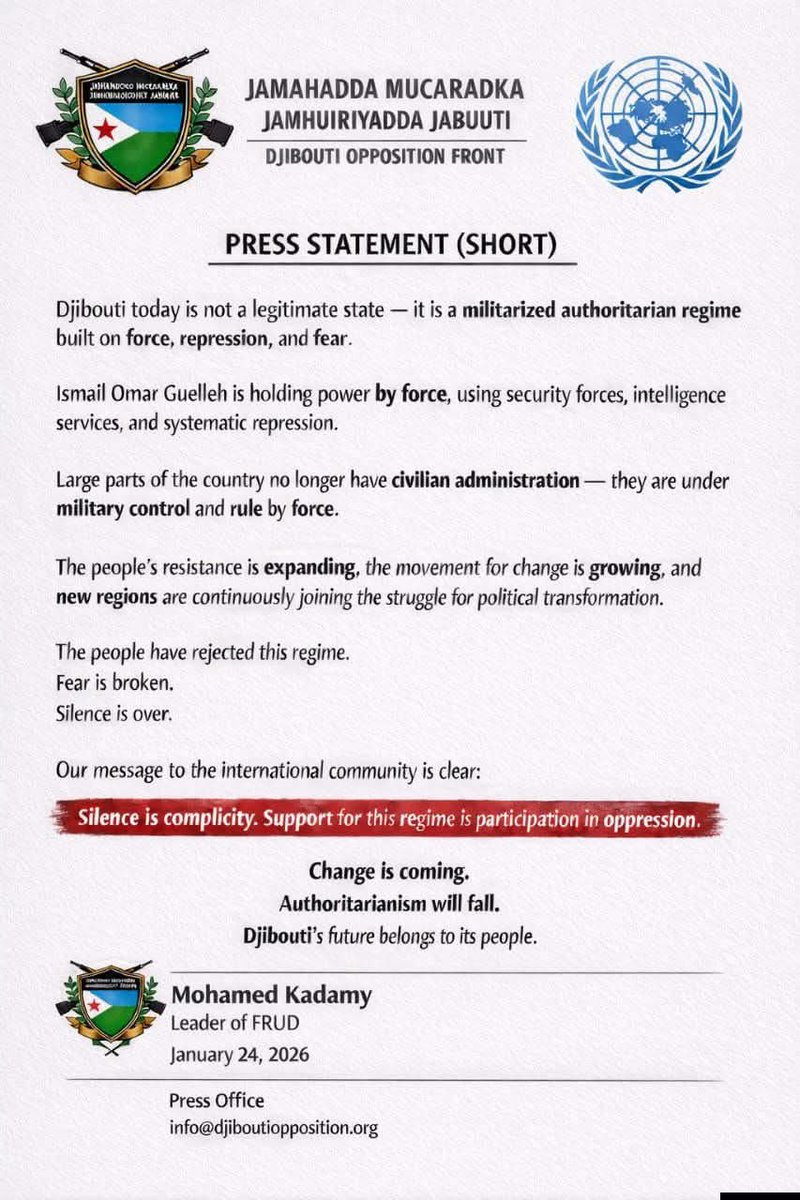 A message from the leader of the liberation movement of Djabouti (Frud) to the international community. Djabouti must be freed from IOG. <a href="/UN/">United Nations</a> <a href="/UNHumanRights/">UN Human Rights</a>