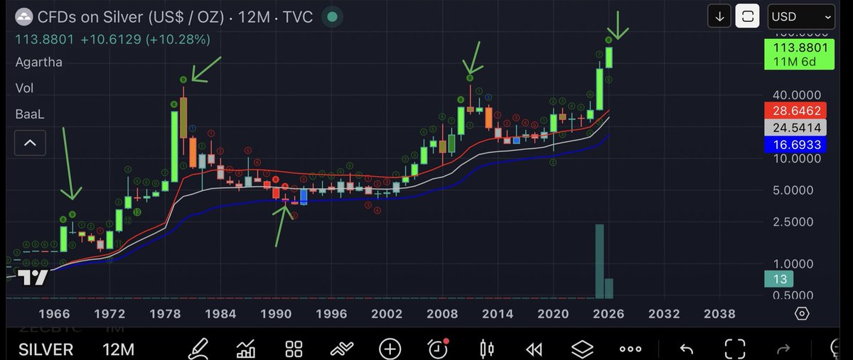 Here is the only #Silver chart that matters.

The 12 monthly candle likes the TD9s and we are on a TD8 and it’s only January with 11 more month on the TD8.

How high can $SLV go? 600-700$ within 12-18 months, (not financial advice).

#Silver isn’t going up because the dollar is