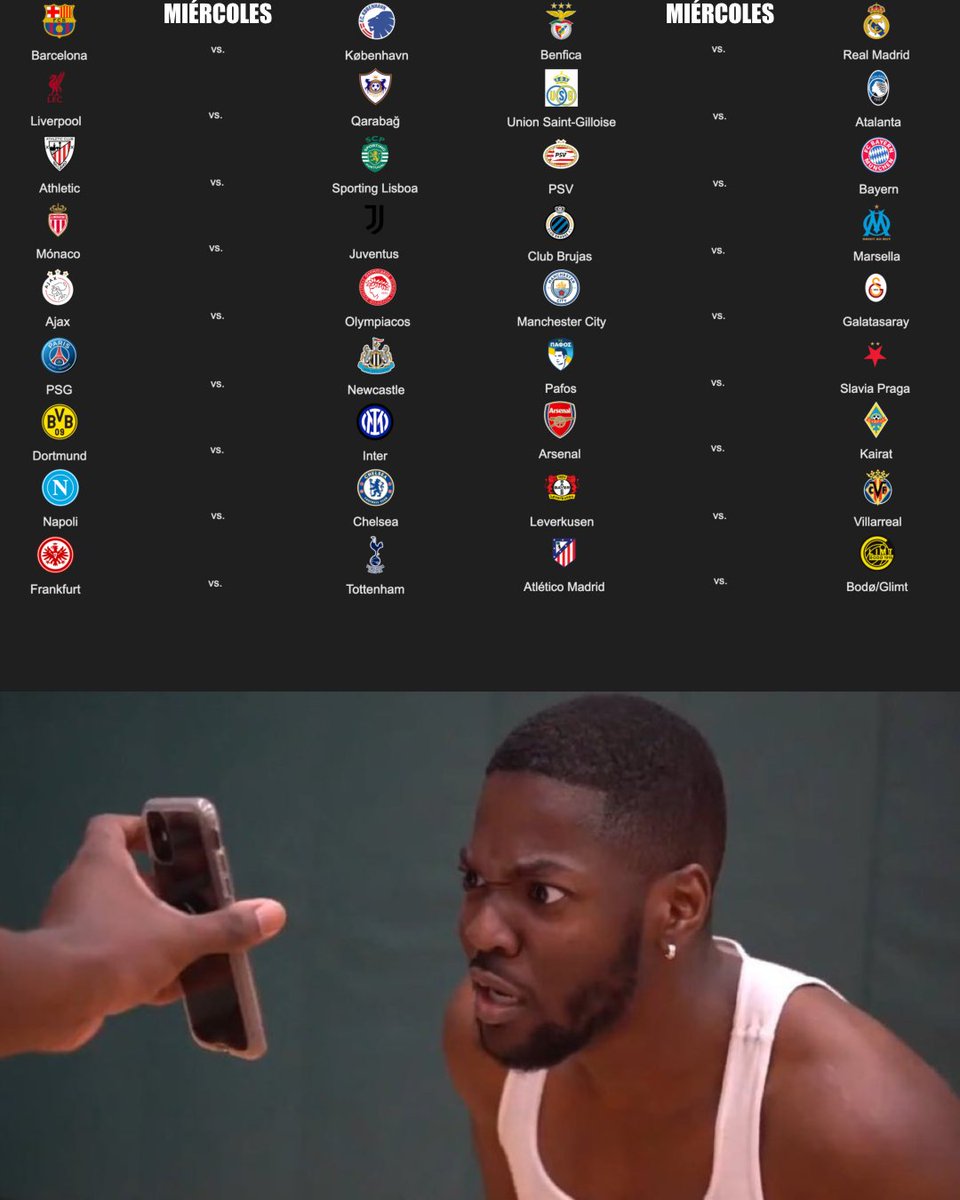 ✅ Serán 18 partidos de Champions League.
✅ Serán 18 partidos en el mismo día.
✅ Serán 18 partidos a la misma hora.
✅ Serán 18 partidos de la última jornada de la fase de la liga.

Y todo será este mismo miércoles. 

SERÁ UNA JORNADA MÁGICA EN EL MUNDO DEL FÚTBOL.