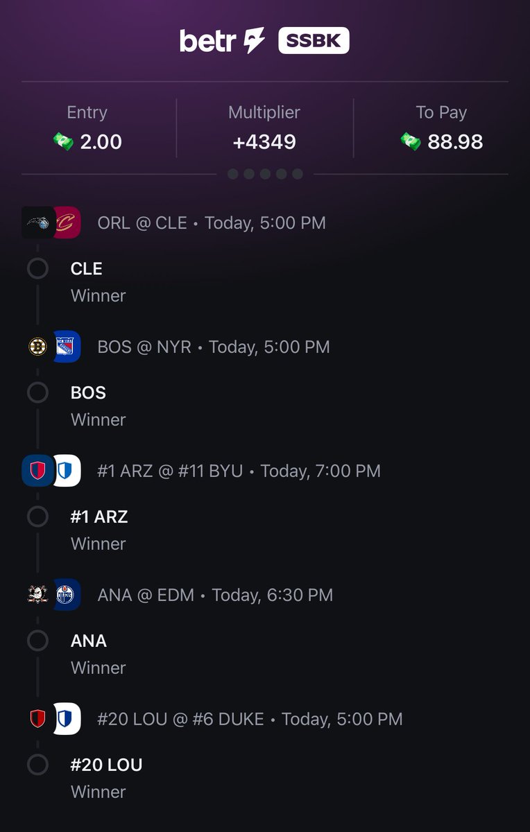 👀 My lil 5 leg ⁦<a href="/betr/">betr</a>⁩ parlay for Monday 🏀 &amp; 🏒 games 🤑