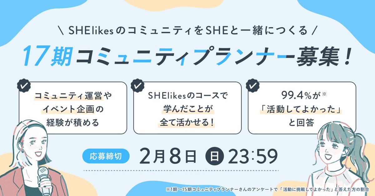 she_officials's tweet photo. ＼📣コミュニティプランナー募集開始／

✅イベント企画・運営などの経験を積める💪
✅99.4％の経験者が「活動してよかった」と回答📝
✅マインドやキャリアの変化を遂げる方も❤️‍🔥

＃シーライクス のコミュニティをSHEと一緒に盛り上げませんか？
ご応募をお待ちしています👇
https://t.co/XD9CPbdxev https://t.co/tOxlWISCjq
