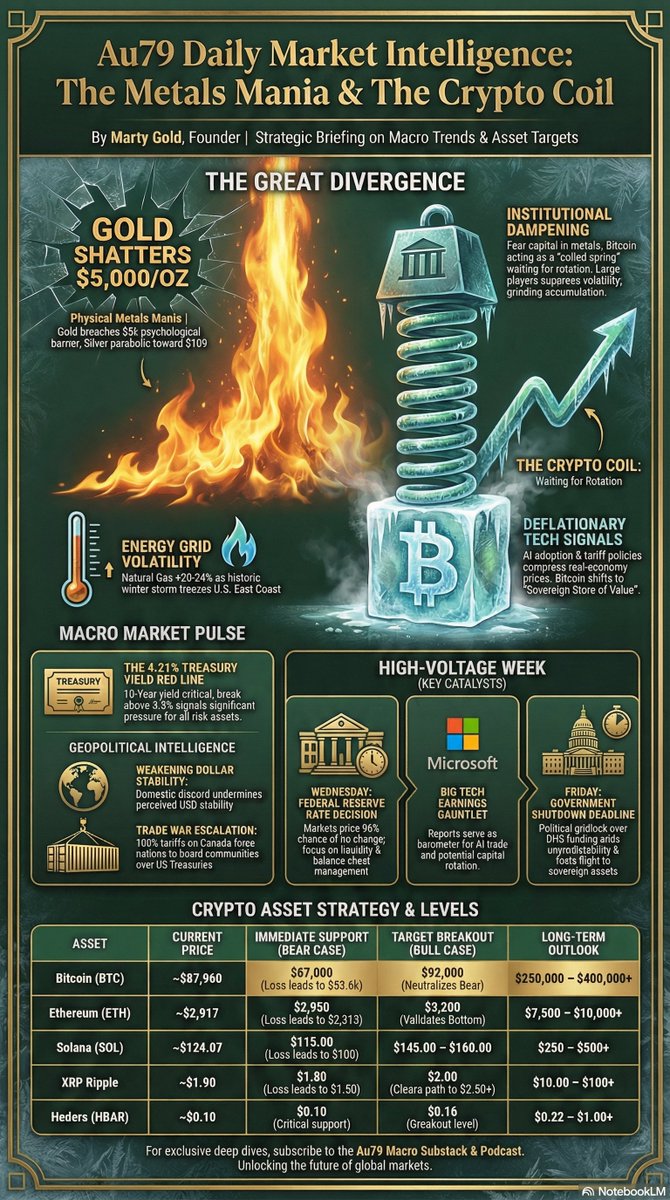 26Jan2026 - Au79 Daily Market Intelligence Report

The "Safety Trade" is in full mania, leaving Bitcoin coiling at $88k.

This divergence is temporary. The liquidity tide is shifting ahead of the Fed &amp; Tech earnings.
 open.substack.com/pub/martyau79/… 

#btc #eth #sol #xrp #hbar #macro