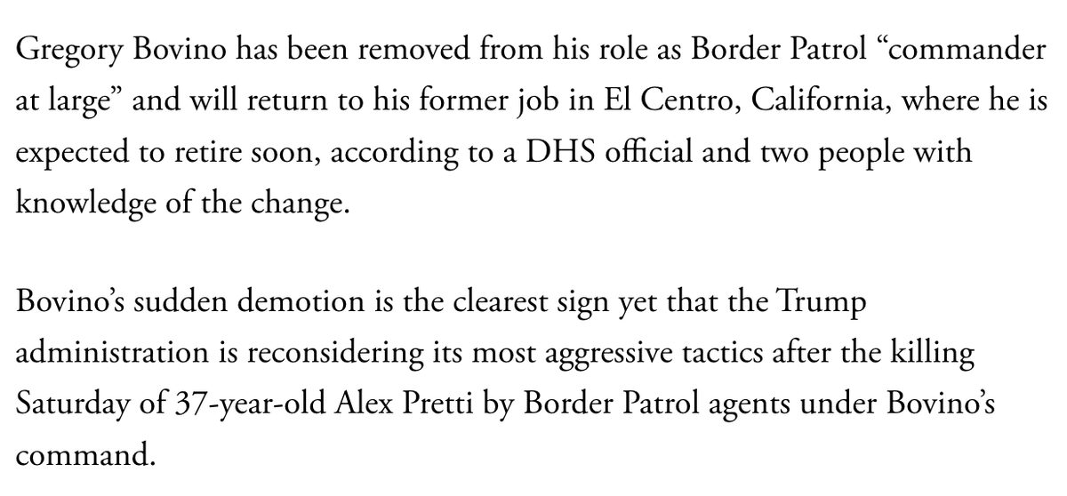 YAppelbaum's tweet image. BREAKING: The Border Patrol's Greg Bovino has been ousted from his role of "Commander at Large"—and Kristi Noem and Corey Lewandowski could be next to lose their jobs, sources tell @NickMiroff