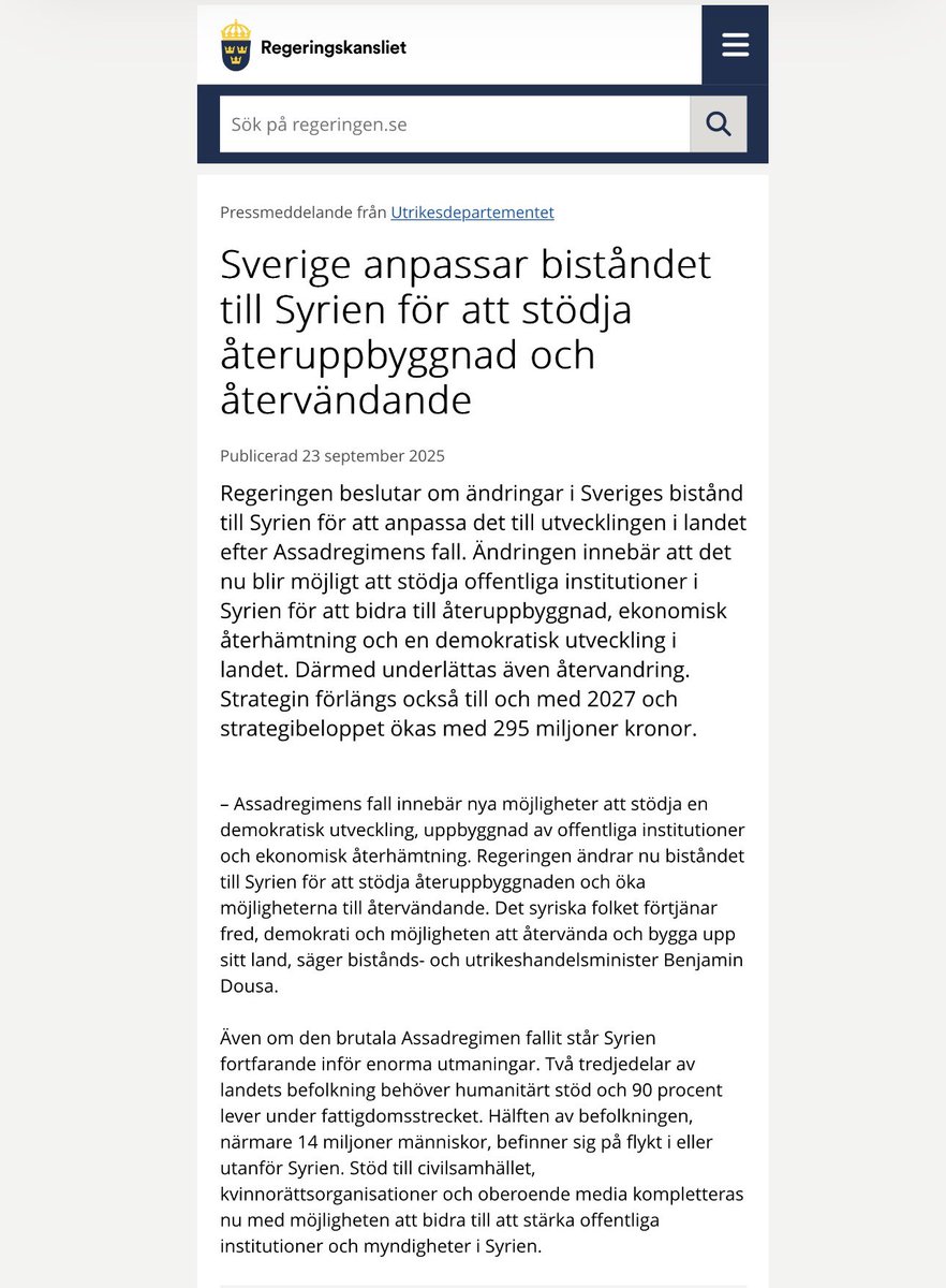 Privatperson ger 40 tusen kronor till Al Qaida = ett års fängelse 

svt.se/nyheter/lokalt…

Regeringen ger 295 miljoner till Al Qaida = ett tiotal sneknullade twittrare tycker det är lugnt om terrordådet på Drottninggatan händer igen 

regeringen.se/pressmeddeland…