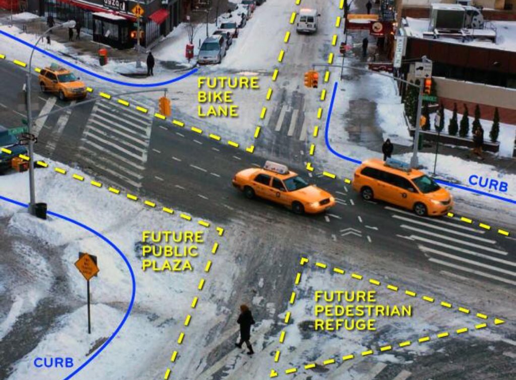 Tesho13's tweet image. Word of the day: Sneckdown

After a snowstorm, cars will naturally carve out the paths that they actually need

The space they’re not using can be reimagined for something more useful!