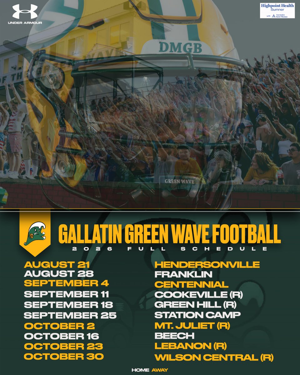 The 2026 Gallatin Green Wave Football Schedule is officially here.
New challenges. Old rivals. Friday nights in Green and Gold.

📅 2026 Schedule
🏟️ Home &amp; Away
🔥 Region battles
🌊 One Wave. One Standard.

#GWP #DMGB