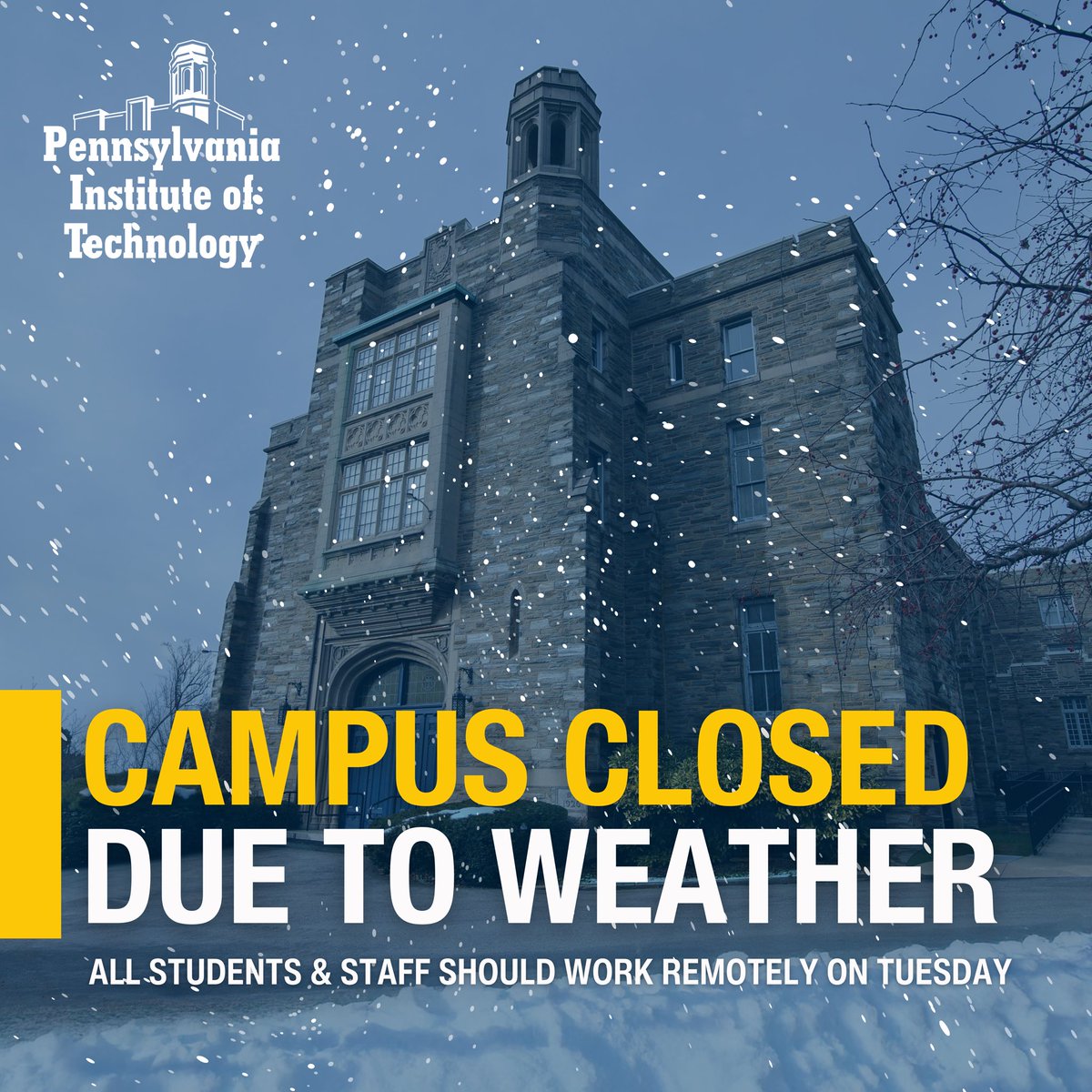 Due to #winter #storm conditions, P.I.T.’s physical campus will be closed on Tuesday, January 27, 2026 ❄️ On-campus classes will move to Zoom. Students attending clinical or external sites should follow their site’s schedule.  All faculty and staff should work remotely.