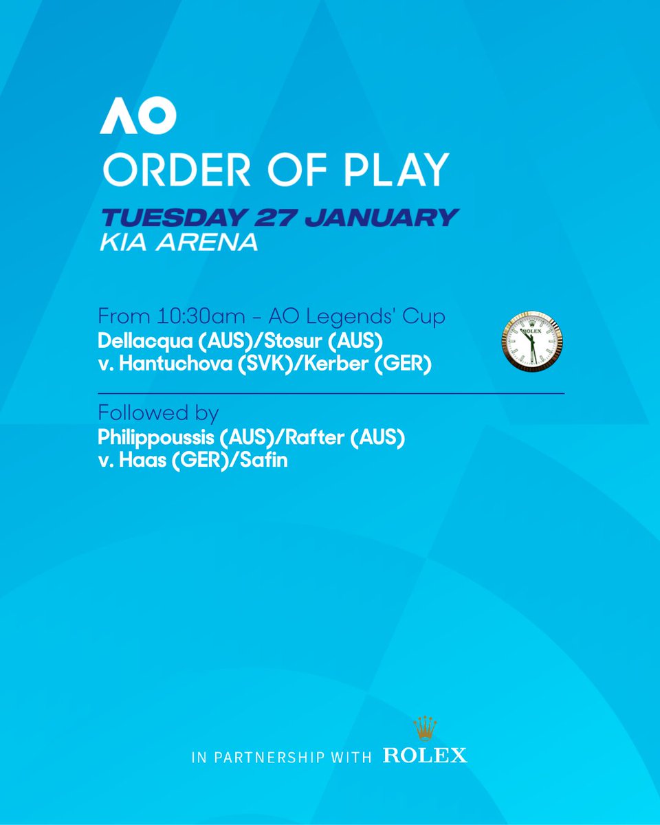 AustralianOpen's tweet photo. Legends', juniors, junior dubbs ๐
@ROLEX #rolex #orderofplay https://t.co/265h6bj39h