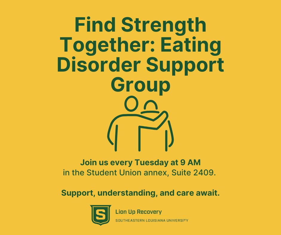 🦁 LION UP Collegiate Recovery Program is proud to introduce a new Eating Disorder Support Group—a safe, supportive space for students seeking connection, understanding, and recovery.  

Starts: Tomorrow morning at 9:00 AM