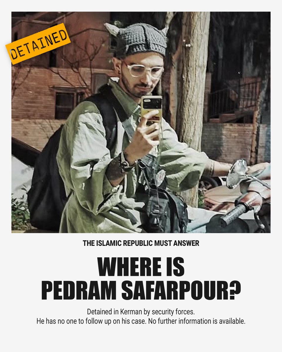 Pedram Safarpour has been detained in Kerman by regime forces. He has no one to follow up on his case except us.

Be his voice. Say his name.

#PedramSafarpour
#پدرام_صفرپور
#IranMassacre