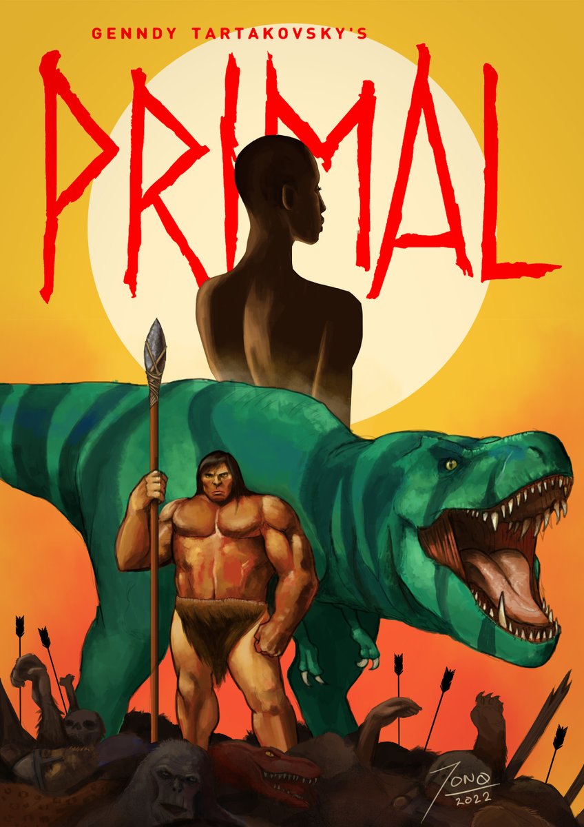jono_creative's tweet photo. Made this Genndy Tartakovsky's Primal fan poster in 2022. Grew up with Samurai Jack and this had so much of that. Season three is back to season 1 vibes (just darker) and I love it! #PrimalSeason3 https://t.co/VuCpShQk86