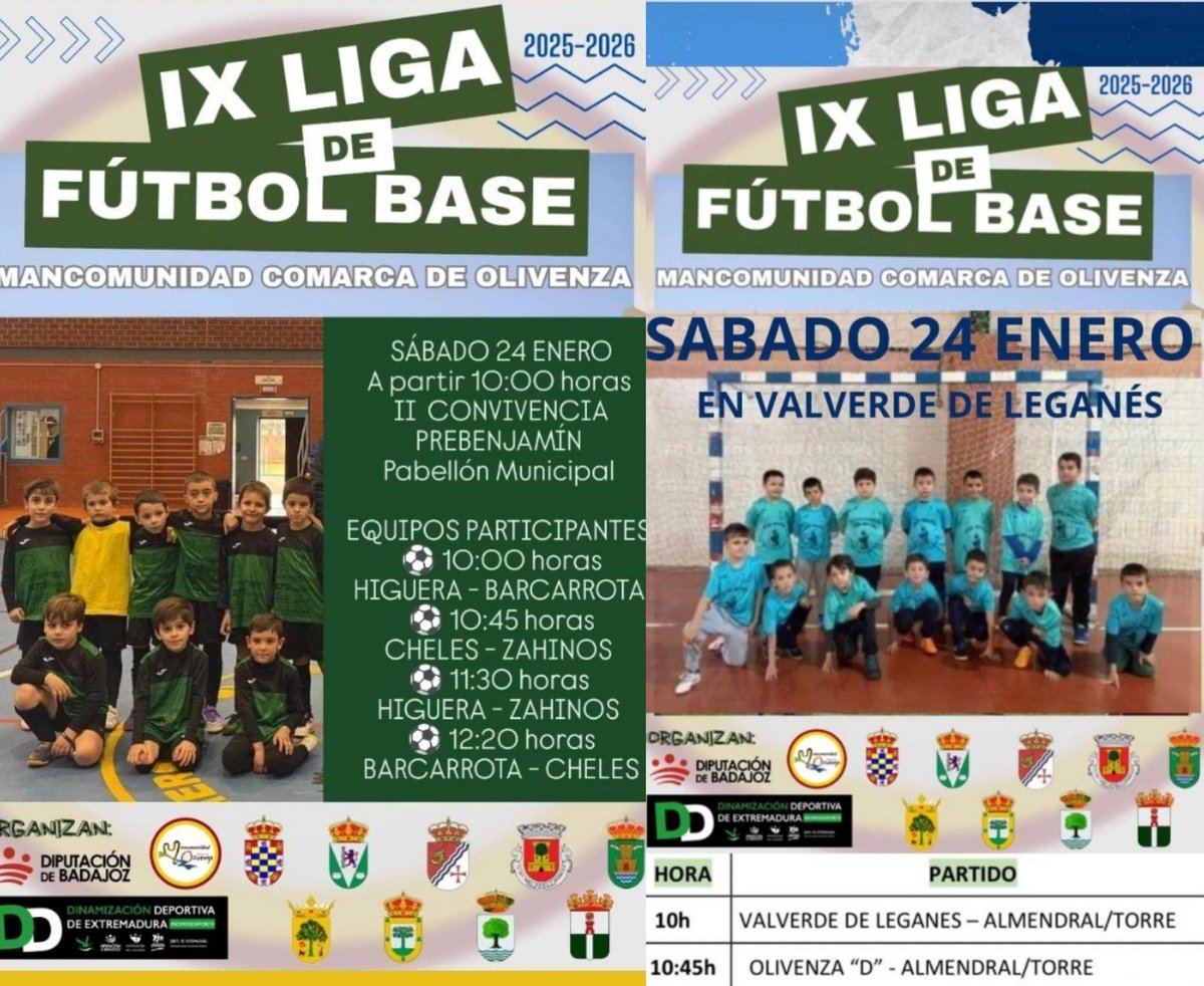 CarrizoDXT's tweet photo. Empezamos el año con las primeras competicones tras las vacaciones navideñas en Almendral, Higuera de Vargas y Torre de Miguel Sesmero 💪‼️
🟢 Dinamización ⚪ Deportiva ⚫
MANCOMUNIDAD DE OLIVENZA https://t.co/Fqce5ctUVe