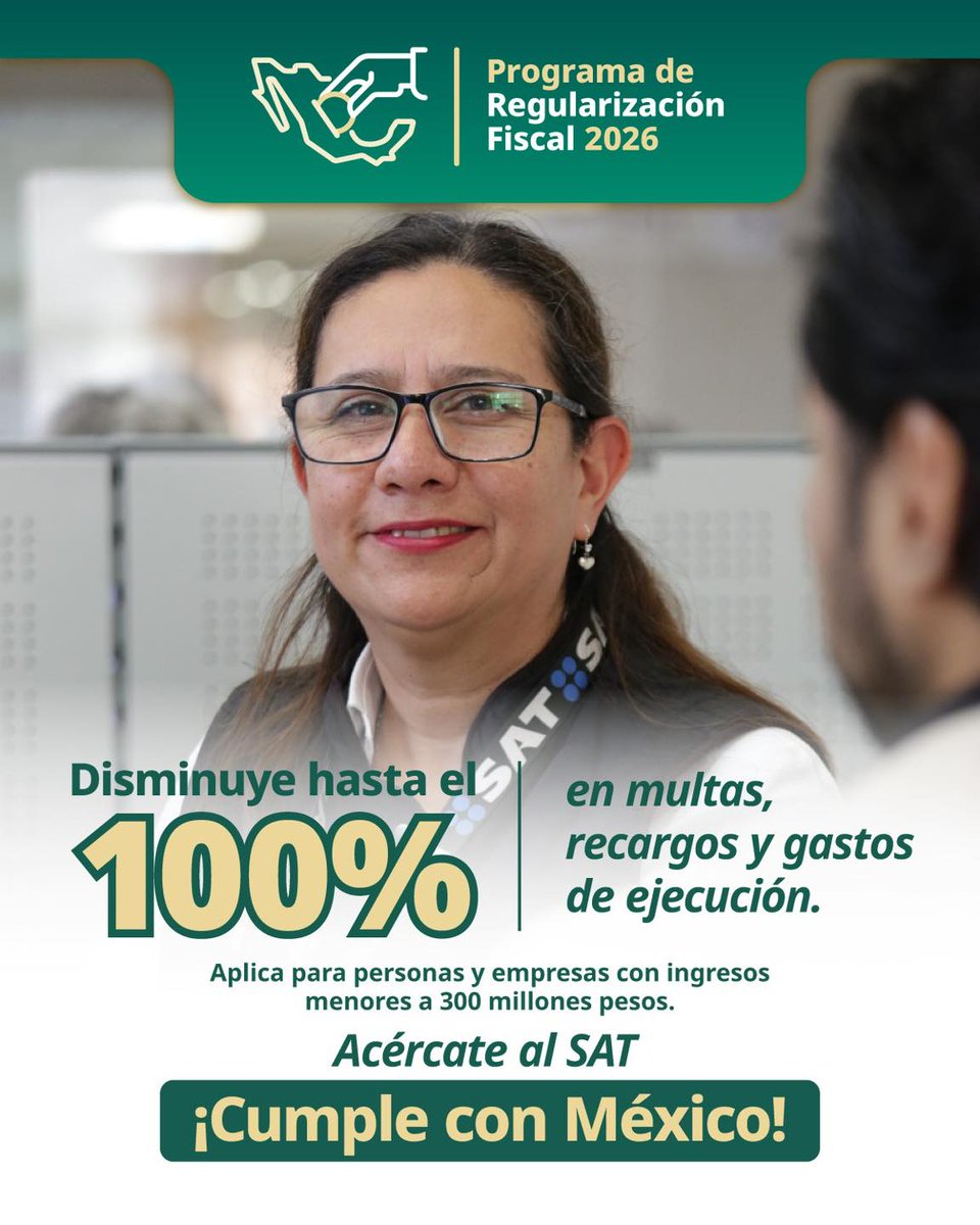 ✅¡Aprovecha el programa de Regularización Fiscal 2026 y ponte al corriente con el <a href="/SATMX/">SATMX</a>!

🔗Conoce más información en el minisitio: sat.gob.mx/minisitio/Regu…

#Tabasco #FinanzasTabasco #GobiernoDelPueblo #SAT