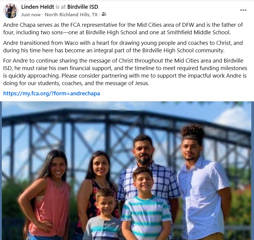 l_heldt's tweet photo. Andre Chapa is the FCA rep for the Mid Cities area of DFW and a father of four, with sons at Birdville HS and Smithfield MS. He came from Waco to lead students and coaches to Christ. Please consider partnering with me to support his mission.
https://t.co/XSOBVQjZwP https://t.co/4Yfn6zwYYh