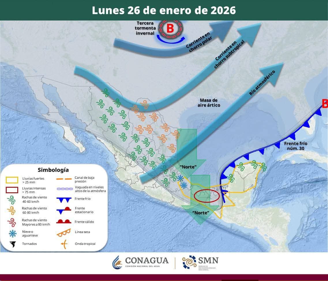 📣AVISO IMPORTANTE📣

Debido al acercamiento y desplazamiento del Frente Frío número Treinta, a la porción norte de la Península de Yucatán y el Estado de Quintana Roo, se pronostica:
📅Durante este lunes 26 y martes 27 de Enero
¡Tomen precauciones!