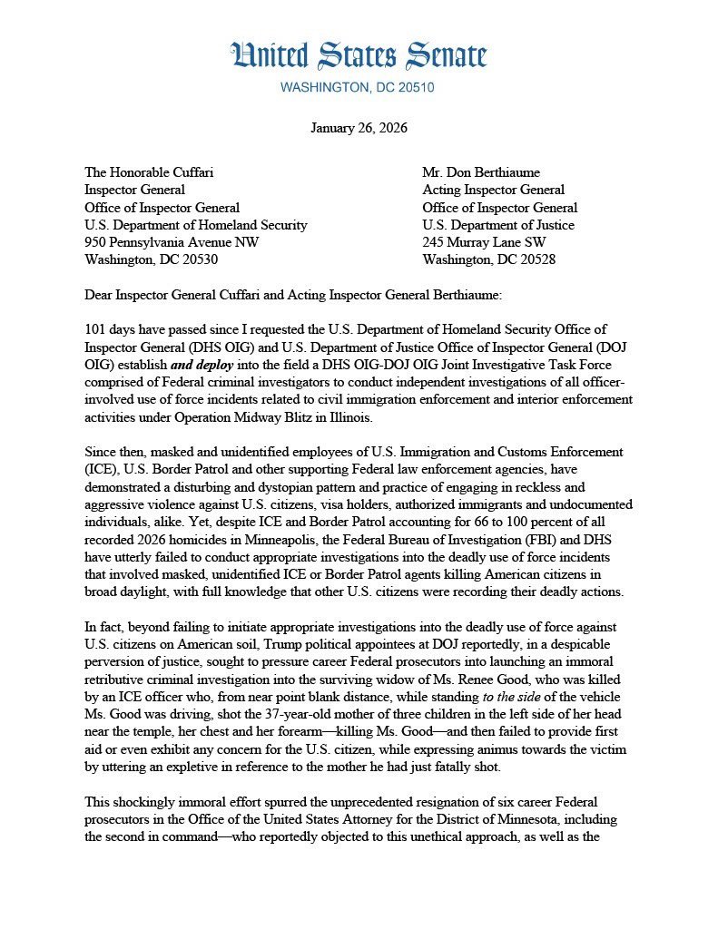 SenDuckworth's tweet image. Here it is. For the third time.

I'm calling on DHS and DOJ's IGs to heed the public outcry and finally launch a joint task force to investigate the horrific pattern of brutality from Trump's agents, including the public execution of Alex Pretti.

We demand accountability. Now.