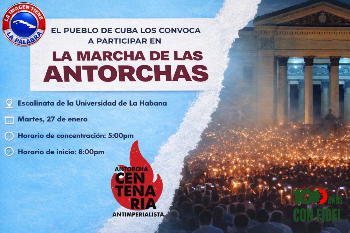 yarronte2's tweet photo. La juventud cubana estará presente este 27 de enero, junto al pueblo en la marcha de las antorchas  patentizando las doctrinas del héroe nacional José Martí y la enseñanzas del líder histórico de la revolución Fidel Castro Ruz en el centenario de su natalicio.
#TitanesDeCorazón. https://t.co/ojBYp7tyAE