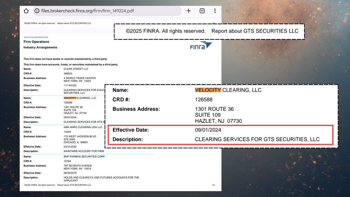 The relationship between GTS Securities and Velocity Clearing is extremely problematic! 

Because regulators like the <a href="/SECGov/">U.S. Securities and Exchange Commission</a> and FINRA have chosen to ignore this, it gives the appearance that they're complicit.

It's not just MMTLP, so many tickers have been impacted by this