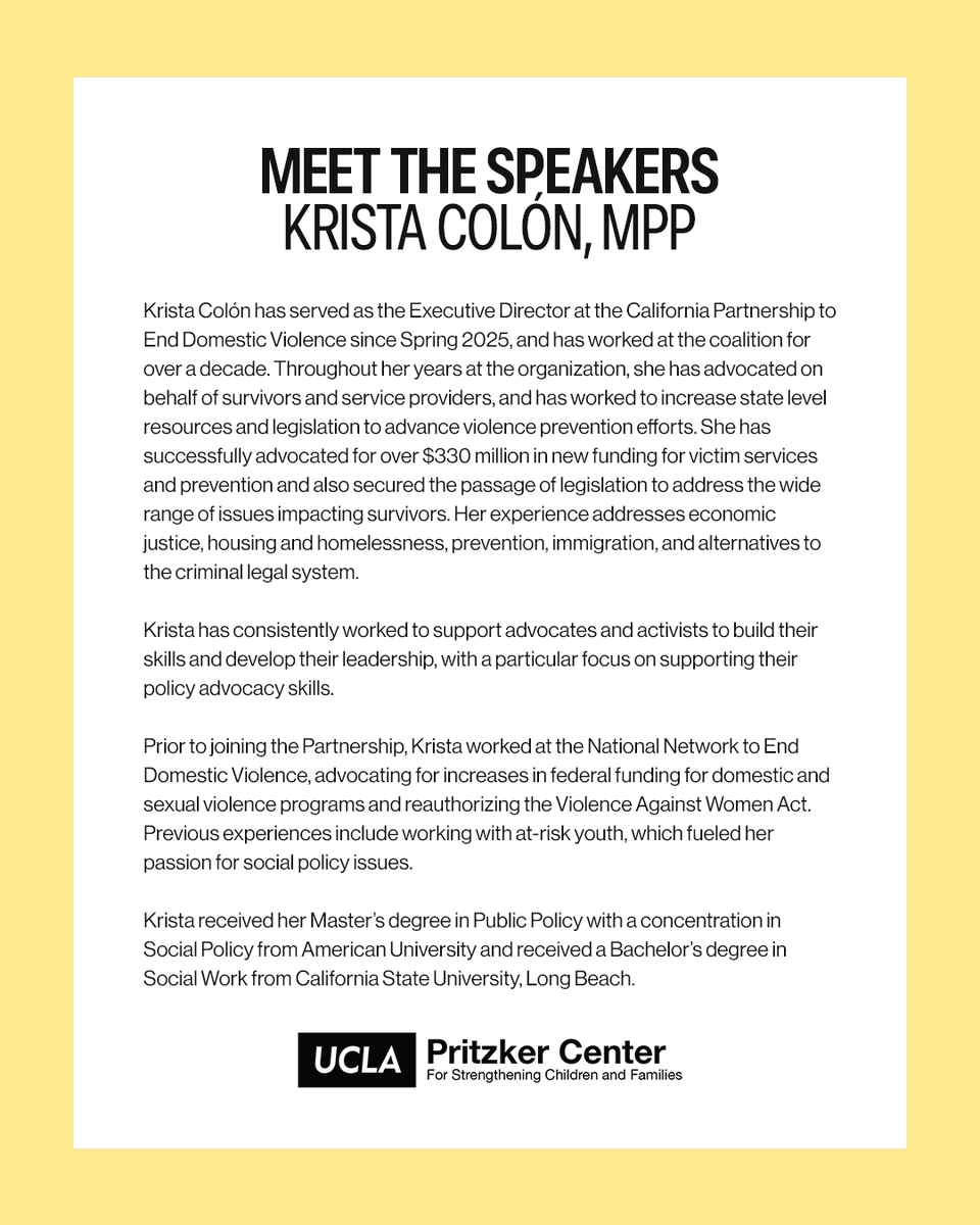 UCLAPritzker's tweet photo. We’re excited to introduce Krista Colón, MPP, Executive Director at  @EndingDVinCA  as one of our speakers for our online summit, 5 Years Forward: Progress and Partnership at the Intersection of Child Welfare and Domestic Violence.

Register here: https://t.co/APFZKGozB5 https://t.co/oahJcjQiRR