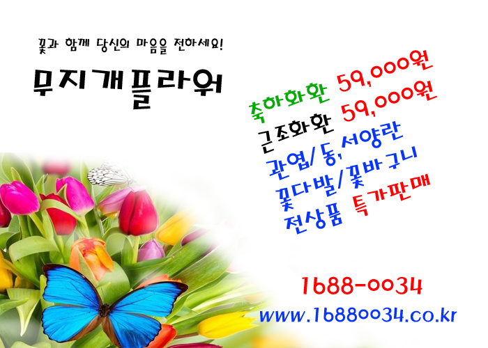🌸 무지개플라워 🌸

🎉 3단 화환 100,000원 → 59,000원 특가!
🚚 무료 배송

✨ “화환은 보내는 분의 정성입니다” ✨
저렴한 가격, 높은 퀄리티로 만족을 드립니다.

📞 문의전화 : 1688-0034
🌐 홈페이지 : 16880034.co.kr

✅ 계산서 발행 가능
✅ 기업체 월말 결제 가능
✅ 전국가능