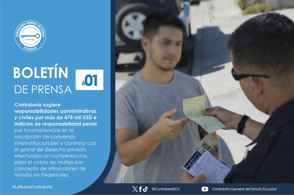 ContraloriaECU's tweet photo. 📰 #Boletín | La Contraloría determinó indicios de responsabilidad penal y responsabilidades administrativas y civiles por más de USD 478 mil, por inconsistencias en convenios y contratos para el cobro de multas de tránsito en Pedernales.

🔗 Más información 👉 https://t.co/a1cv8aTZuW