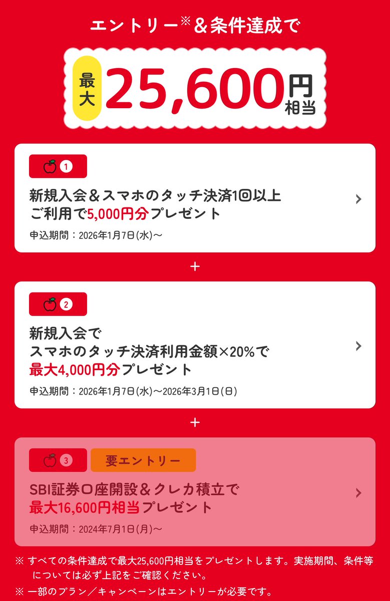 🎀公式キャンペーンは最大25,600円🉐 ・スマホのタッチ決済1回以上で5000円 〆カード入会月＋1ヵ月後末まで。 タッチ決済の金額指定なし❗️  ・スマホのタッチ決済での利用金額に対して20％還元（最大4000円分=2万利用まで） 〆カード入会月＋1ヵ月後末まで。 ・SBI証券 ...