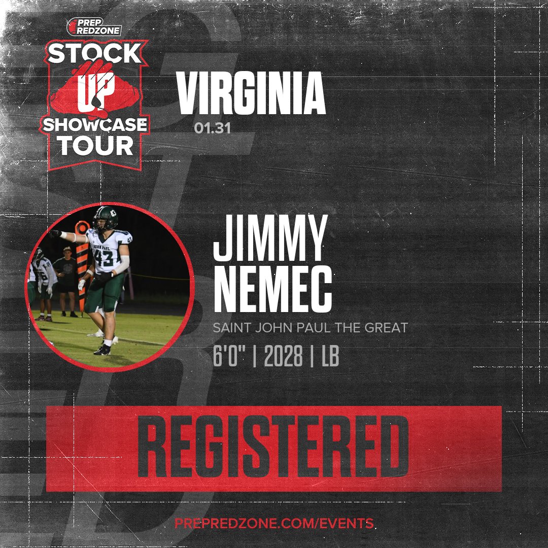 PrepRedzoneVA's tweet photo. Welcome Class of 2028 Jimmy Nemec (@jimmyn43) of Saint John Paul The Great to the @PrepRedzoneVA @PrepRedzoneMD Showcase on January 31st @ The Michael & Son Sportsplex at Dulles.
๐ฅ๐ #PRZStockUpVA ๐๐ฅ
Register NOW! ๐ https://t.co/ABlViZMqoe https://t.co/bSZ24VL6l5