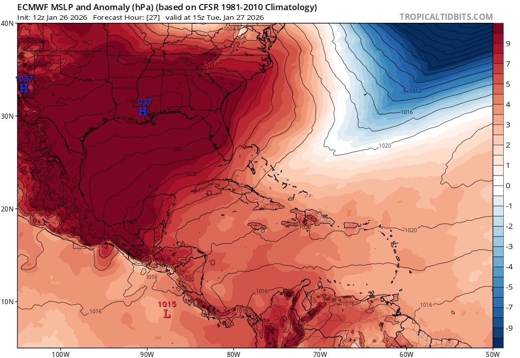 ClimaenGuate's tweet image. Frente frío muy fuerte ingresando al país acompañado de una potente cuña de alta presión de hasta 1026hpa favorecerá desde hoy en la noche y especialmente en la madrugada un evento de viento norte fuerte a muy fuerte especialmente en zonas montañosas del centro, partes altas del…