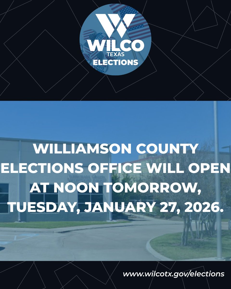 Due to ongoing weather conditions, the Wilco Elections Department will open at noon tomorrow, January 27th. ❄️🚖🗳️