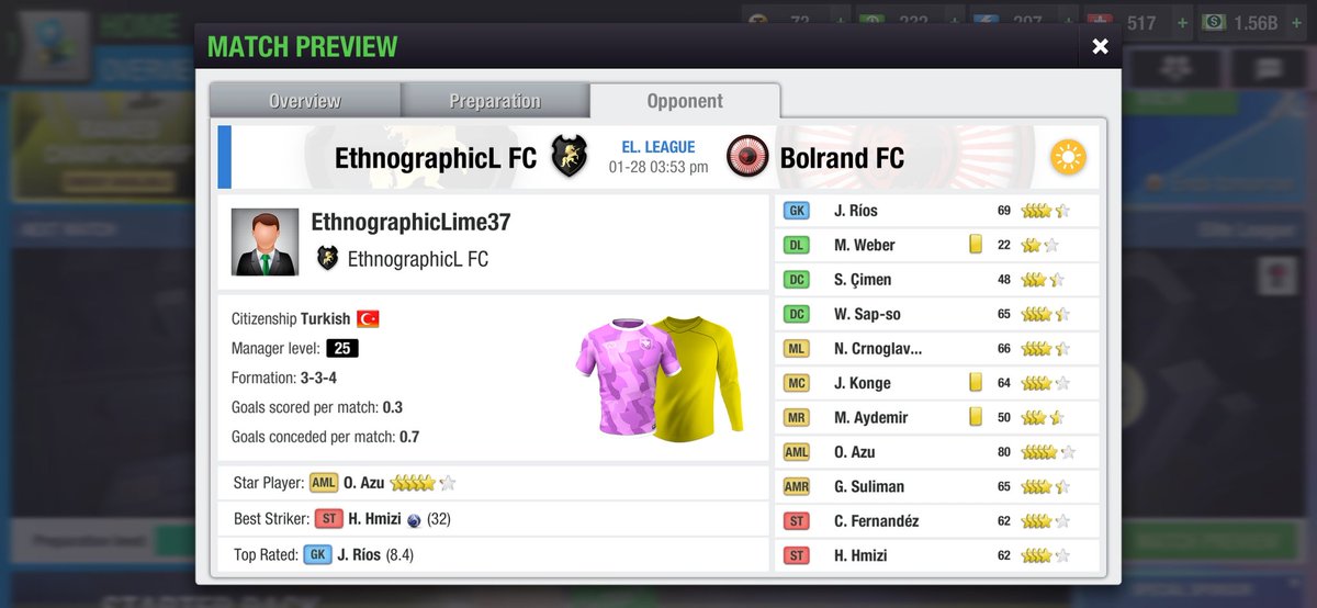 The next elite league Match 🔥🔥 
🆚EthnographicLime FC
🎯League Stage (Round 2)
⏰15:53 PM GMT (Wednesday)
🏟️ EthnographicLime FC's Stadium
#Top_Eleven #Bolrand_FC #Elite_League_TE