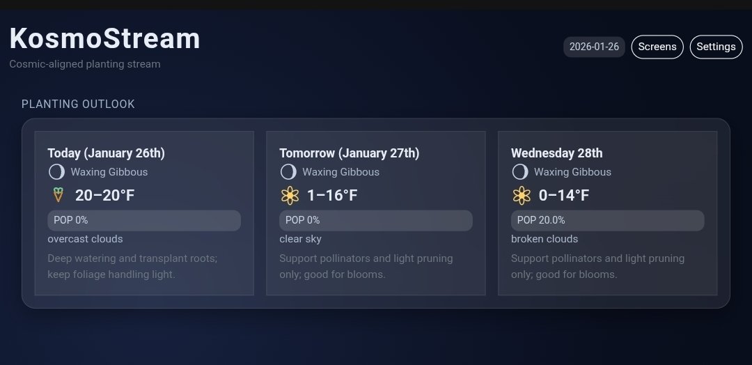 KosmoGrow's tweet image. #KosmoStream testing going well,  still Alpha - gearing up for public launch next month.

Loving this #biodynamic calendar!