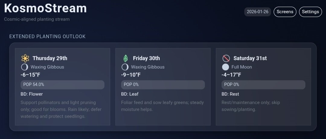 KosmoGrow's tweet image. #KosmoStream testing going well,  still Alpha - gearing up for public launch next month.

Loving this #biodynamic calendar!