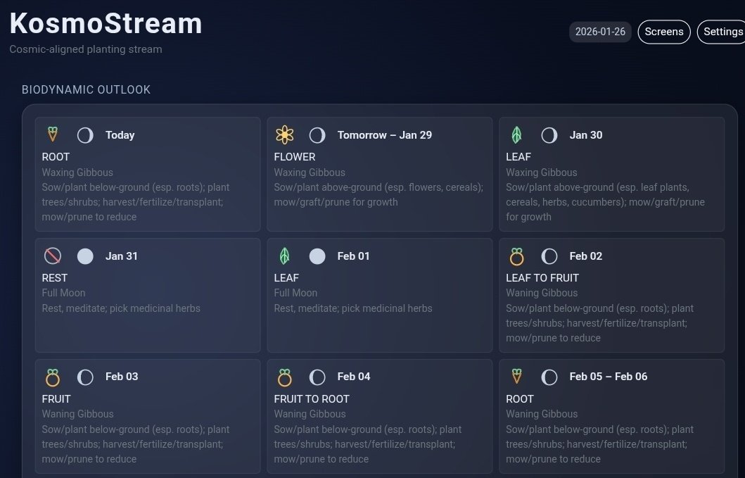 KosmoGrow's tweet image. #KosmoStream testing going well,  still Alpha - gearing up for public launch next month.

Loving this #biodynamic calendar!