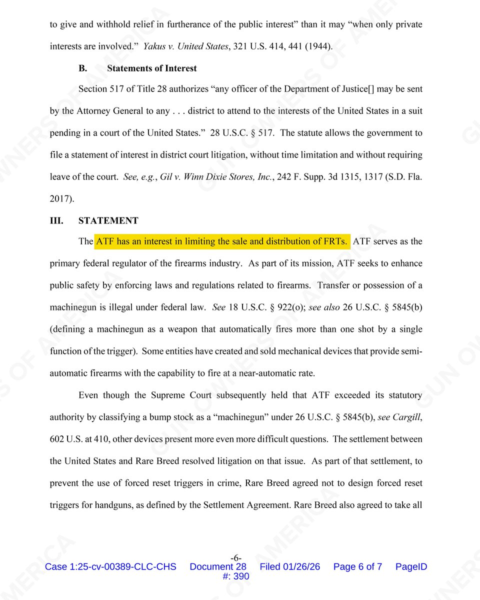 GunOwners's tweet image. 🚨BREAKING🚨

@TheJusticeDept just filed an anti-gun statement of interest in Rare Breed Triggers' lawsuit against @HoffmanTactical.

It says @ATFHQ has a "strong interest... in limiting the sale and distribution of FRTs" or forced reset triggers.