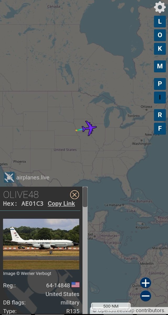 RC-135V Rivet Joint 55 Wing
Hex: AE01C3 Reg: 64-14848
Callsing: OLIVE48
Takeoff from Offutt AFB heading East, possible deployment. Yesterday, out of radar, abandoned ARB Homestead.<a href="/ViceAviator/">Vice Aviator</a>