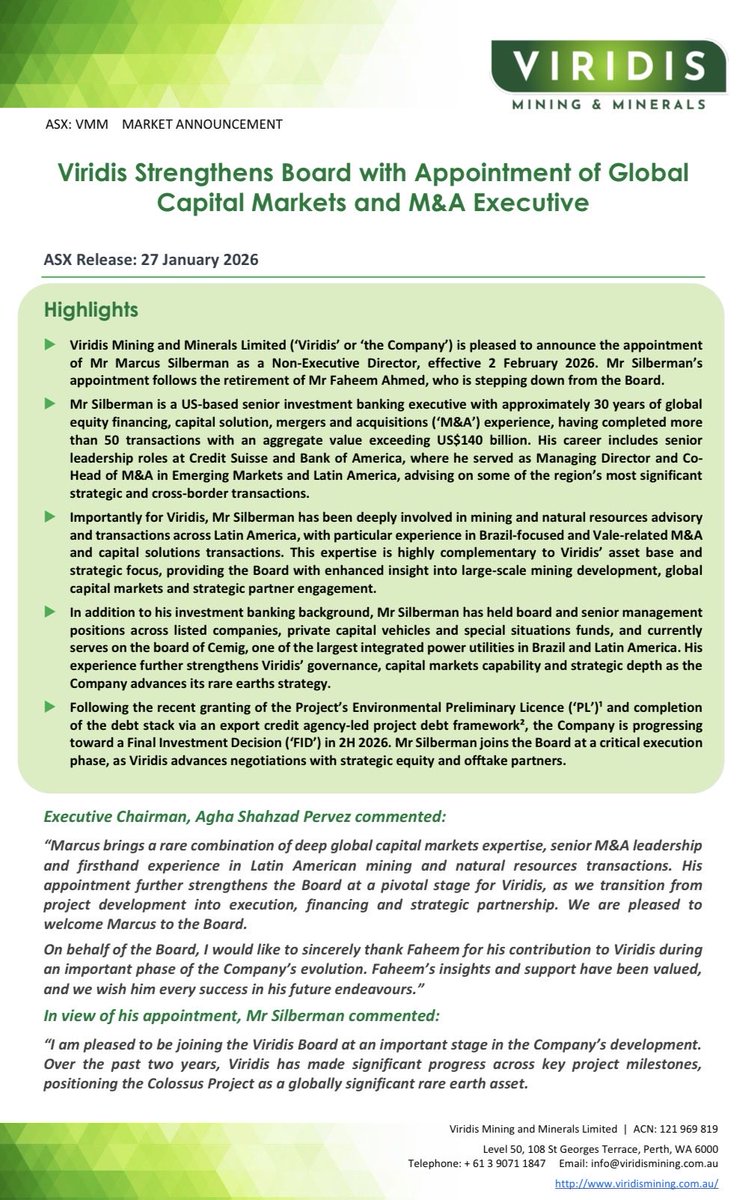 Viridis_VMM's tweet image. Viridis Mining and Minerals $VMM pleased to announce “Viridis Strengthens Board with Appointment of Global Capital Markets and M&amp;amp;A Executive”

ASX Announcement:
wcsecure.weblink.com.au/pdf/VMM/030489…

#Viridis #VMM #Colossus #Project #Brazil #REE #Board #Appointment @Agha_Shahzad_