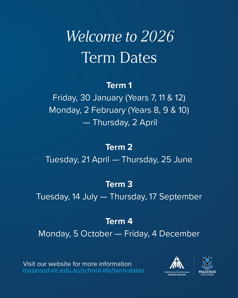 Welcome to 2026 at Mazenod! We are looking forward to welcoming students back to the College shortly and beginning another year together.

Term Dates for the year can be found here, and further details are available on our website.
mazenod.vic.edu.au/school-life/te…