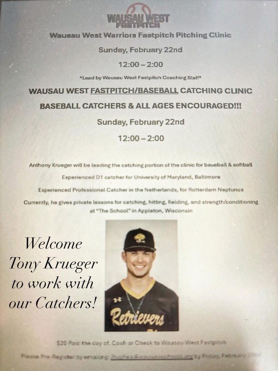 Softball Pitching Clinic AND Catching Clinic for both Baseball AND Softball! All Ages! Sunday, February 22nd 12:00-2:00 @ Wausau West Fieldhouse. Only $20 Cash or Check to Wausau West Fastpitch. Register by Friday, February20th by emailing jhughes@wausauschools.org