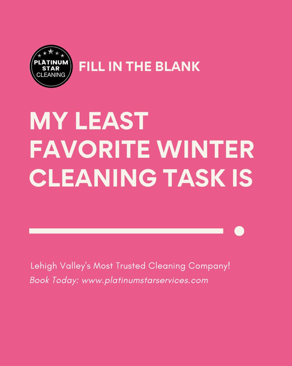 PStarService's tweet image. ❄️ My least favorite winter cleaning task is…
Scraping snow and salt off entryways! 🧂👢 What’s yours?
Need a break from the chores? Let Platinum Star Cleaning handle it! 🧼🏡
🌐 platinumstarservices.com | 📞 610-504-5469

#WinterCleaning ❄️ #PlatinumStarCleaning ✨ #LehighValley