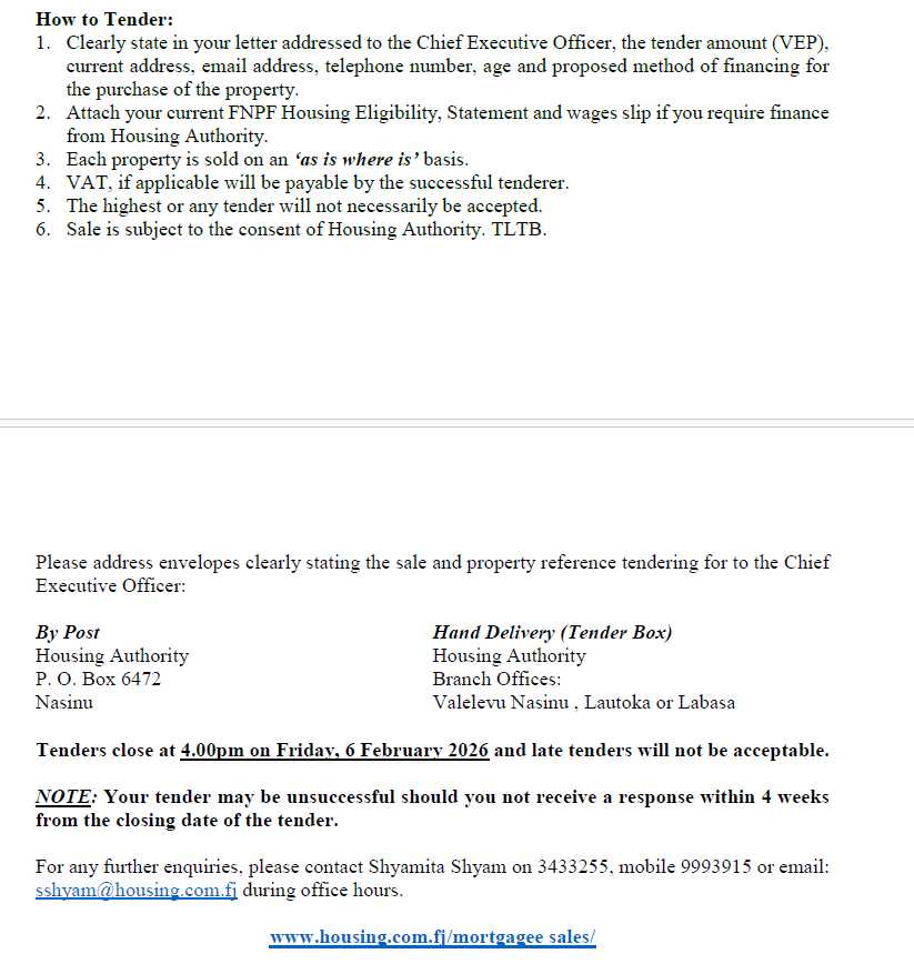 housing_authori's tweet image. #HousingAuthority as mortgagee invites tenders for properties under Mortgagee Sale 01/26 and Private Sale 01/26.

⏰ Tenders close: Friday, 6 Feb 2026 at 4.00pm (late tenders not accepted). 

1/2