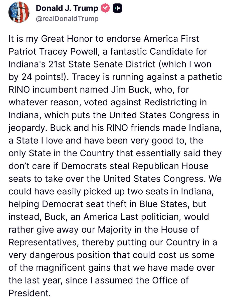 DC_Draino's tweet photo. President Trump is now endorsing primary opponents against the Indiana RINOs who voted to protect 2 Dem House seats.

First up - 21st State Senator RINO Jim Buck.

Trump has endorsed Tracy Powell and he’s now the landslide favorite to win.

Time to Get the Buck OUT! https://t.co/Zz2iJ5bqKH