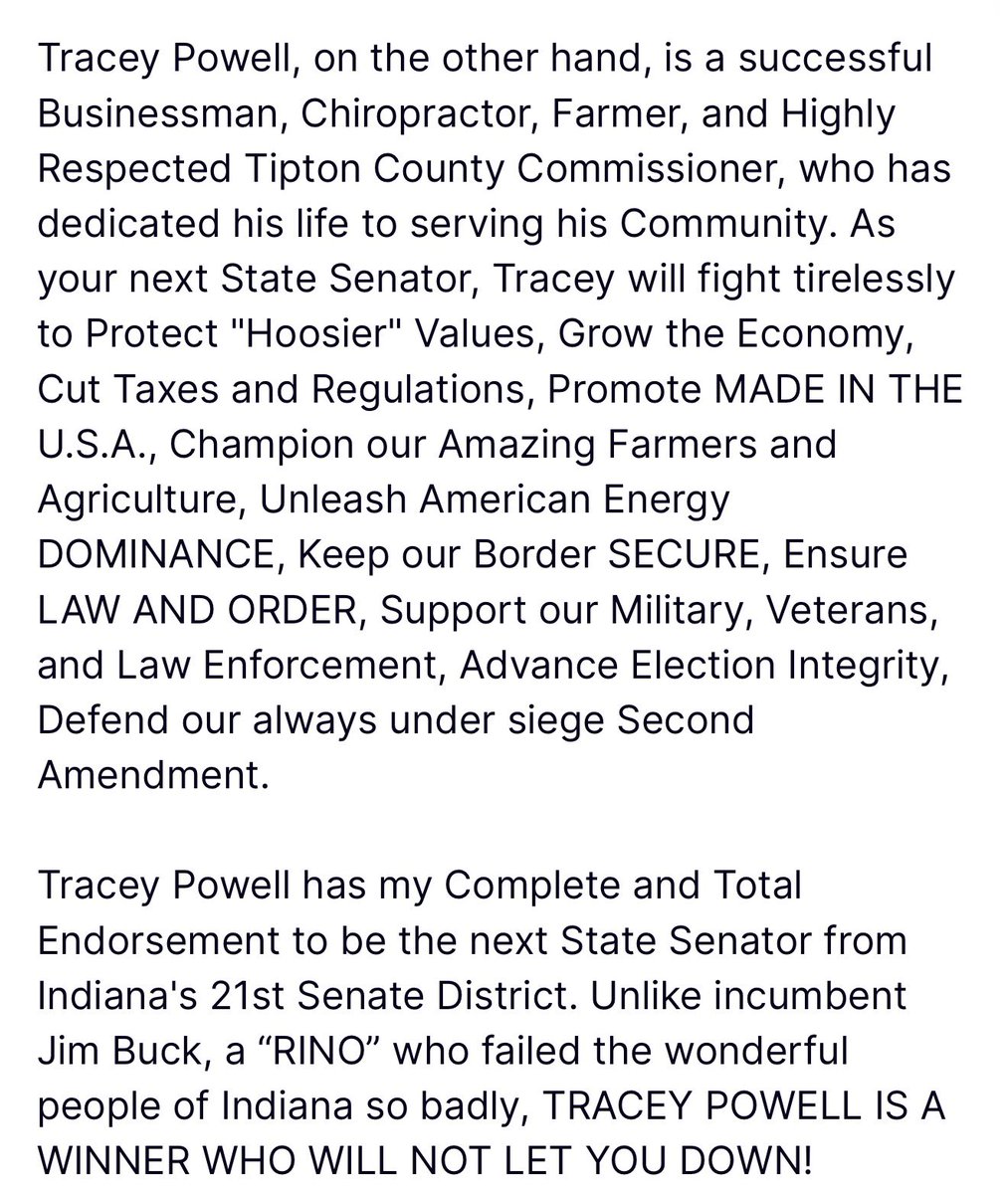 DC_Draino's tweet photo. President Trump is now endorsing primary opponents against the Indiana RINOs who voted to protect 2 Dem House seats.

First up - 21st State Senator RINO Jim Buck.

Trump has endorsed Tracy Powell and he’s now the landslide favorite to win.

Time to Get the Buck OUT! https://t.co/Zz2iJ5bqKH