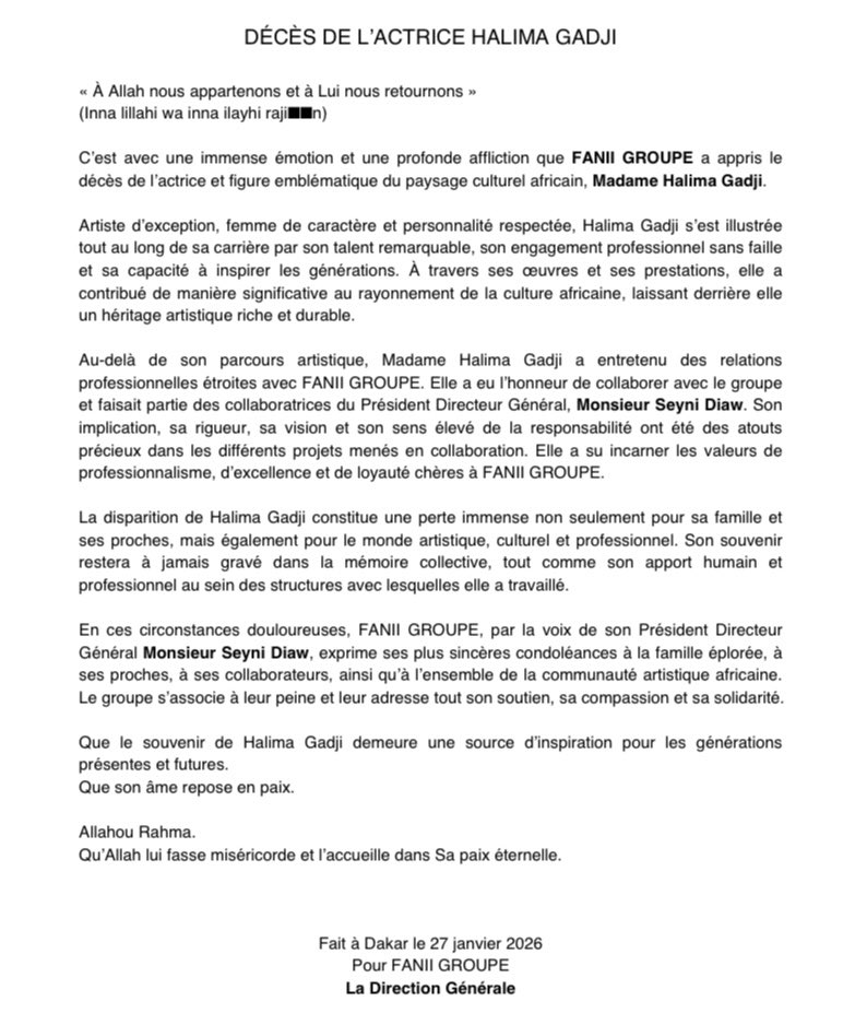 FANIIGROUPE2's tweet photo. Le monde culturel sénégalais a été marqué, ce lundi soir, par l’annonce du décès de @halima_gadji 

Allahou Rahma.
Qu’Allah lui fasse miséricorde et l’accueille dans Sa paix éternelle.

#faniigroupe #rip #halimagadji https://t.co/ednM4dfeus
