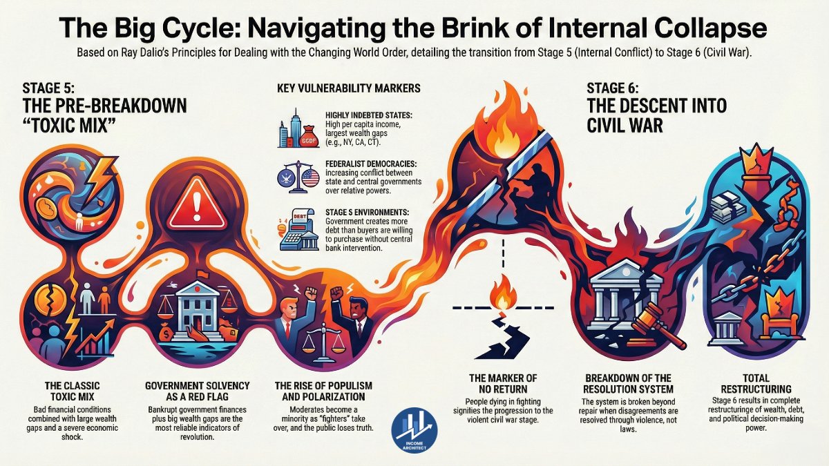 ArchitectIncome's tweet photo. Ray Dalio’s Big Cycle in one image.
Stage 5 → Stage 6 isn’t about politics — it’s about debt, inequality, and trust breaking down.
History rhymes… every time.
📉🔥Are you ready 👉 https://t.co/1wKDtw29ub
#Macro #DebtCycle #Investing #RiskManagement @RayDalio https://t.co/oX0Hj0WQRk