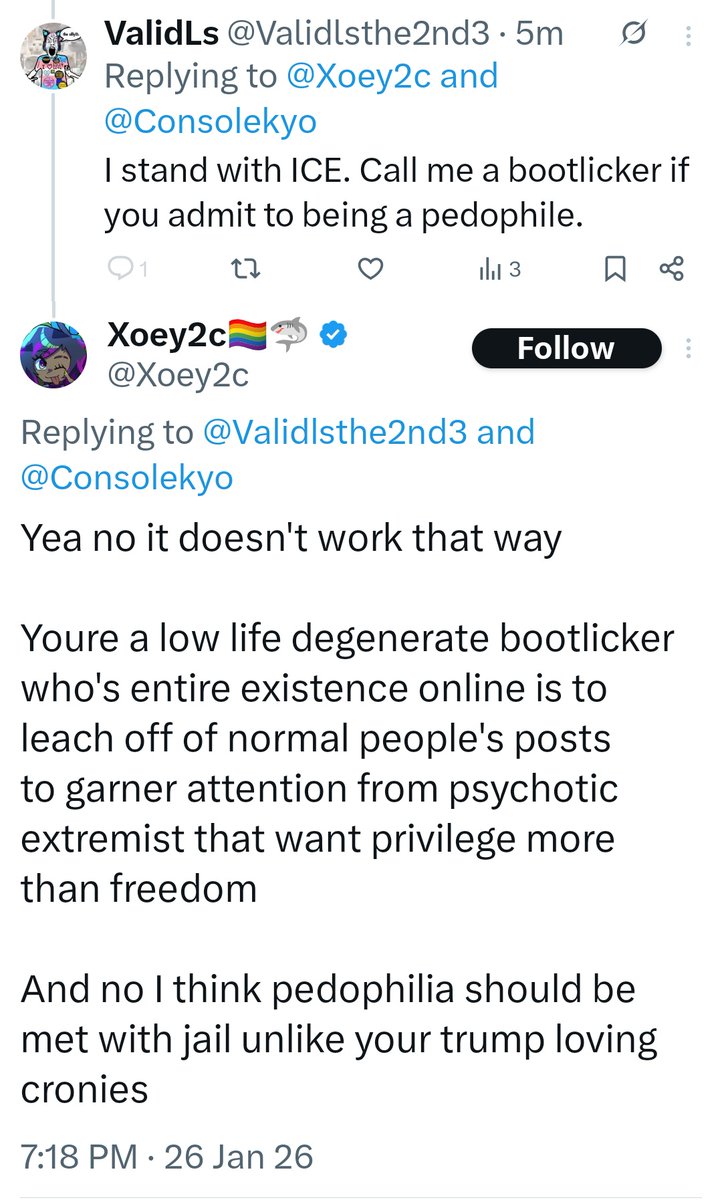 Validlsthe2nd3's tweet photo. "Call me a bootlicker if you're a pedophile."

"You're a bootlicker."

Spread the word that @Xoey2c is a pedophile, everyone! https://t.co/5SLNO0gH0J